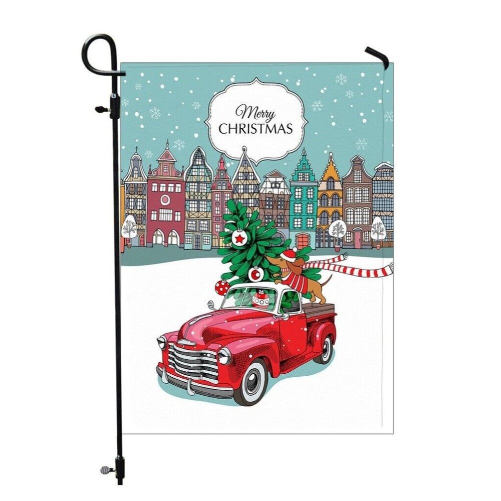 Merry Christmas Double 2 Sided Garden Flag with Dachshund Dog in Red Truck NEW